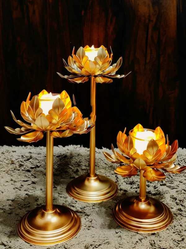 Conwo Set of 3 Golden Metal Lotus Flower Tealight Candle Holder Stand, Votive Candle Holder Stand, Lotus Leaves Candle Holder Metallic Gold Finish
