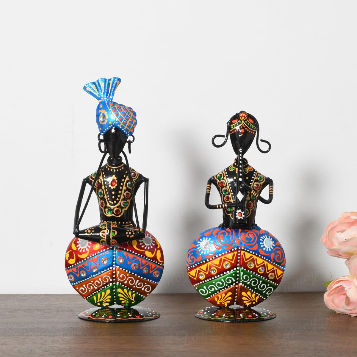 Lamcy Plaza Metal Rajasthani Kalbelia Tea Light Doll - 14 Inch (Set of 4) | Multicolour Antique Decorative Candle Holder for Home Decor, Living Room, Bedroom
