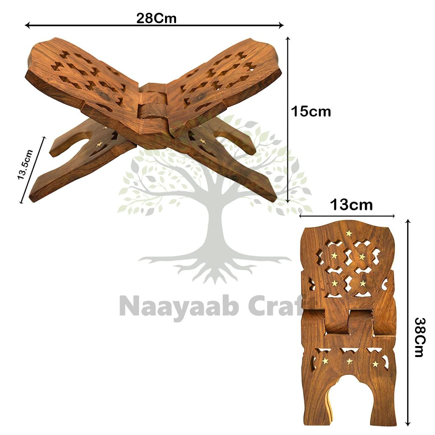 Naayaab Craft Handmade & Handcraft Sheesham Wooden Book Holder Display Stand Folding Religious Prayer Free Reading Stand with Intricate Carvings, Rehal for Religious Holy Books - Size (12 Inch)