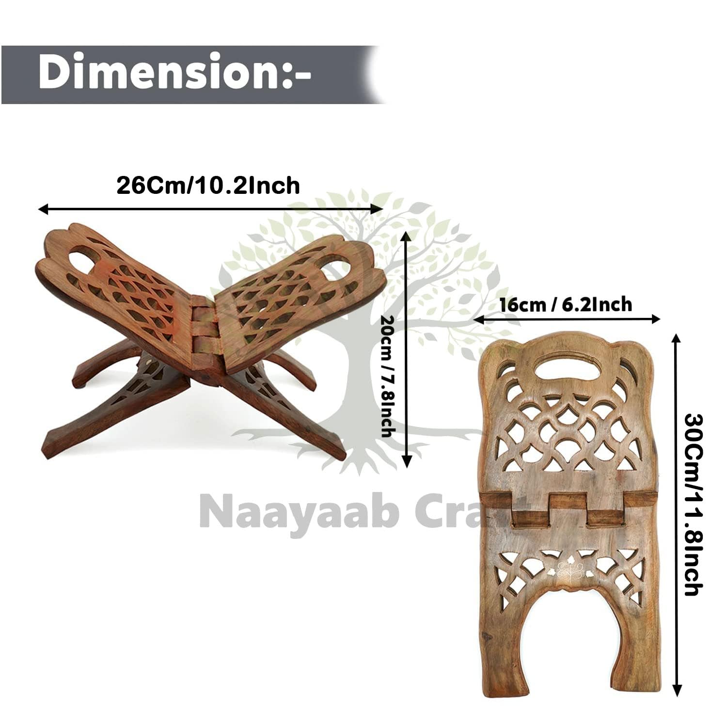 Naayaab Craft Handmade & Handcraft Sheesham Wooden Book Holder Display Stand Folding Religious Prayer Free Reading Stand with Intricate Carvings, Rehal for Religious Holy Books - Size (12 Inch)