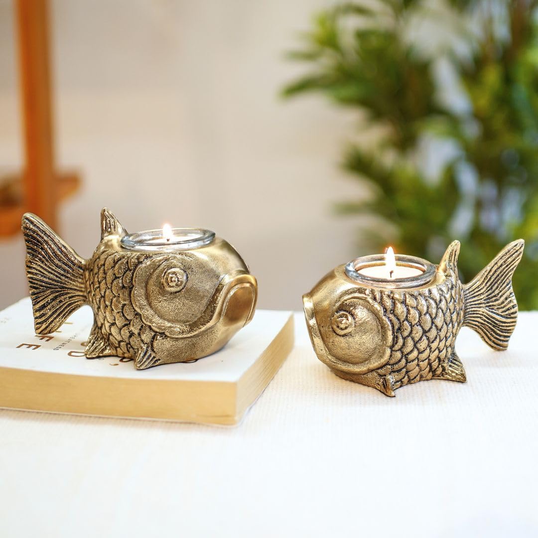 BEHOMA Aluminium Dancing Peacock Pair Figurine for Good Luck and Love | for Home Decor Tabletop Living Showpiece for Valentine's Day, Birthday(Scented Glass Votive Candle Included), Gold,18.5 Cm,11 Cm
