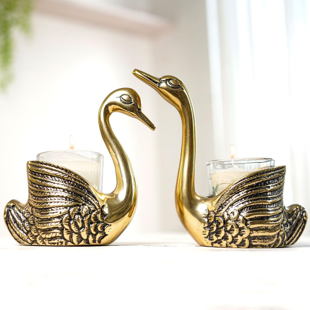 BEHOMA Aluminium Dancing Peacock Pair Figurine for Good Luck and Love | for Home Decor Tabletop Living Showpiece for Valentine's Day, Birthday(Scented Glass Votive Candle Included), Gold,18.5 Cm,11 Cm