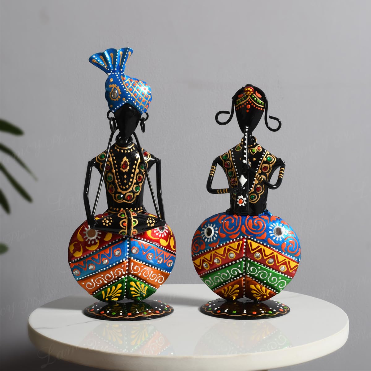 Lamcy Plaza Metal Rajasthani Kalbelia Tea Light Doll - 14 Inch (Set of 4) | Multicolour Antique Decorative Candle Holder for Home Decor, Living Room, Bedroom