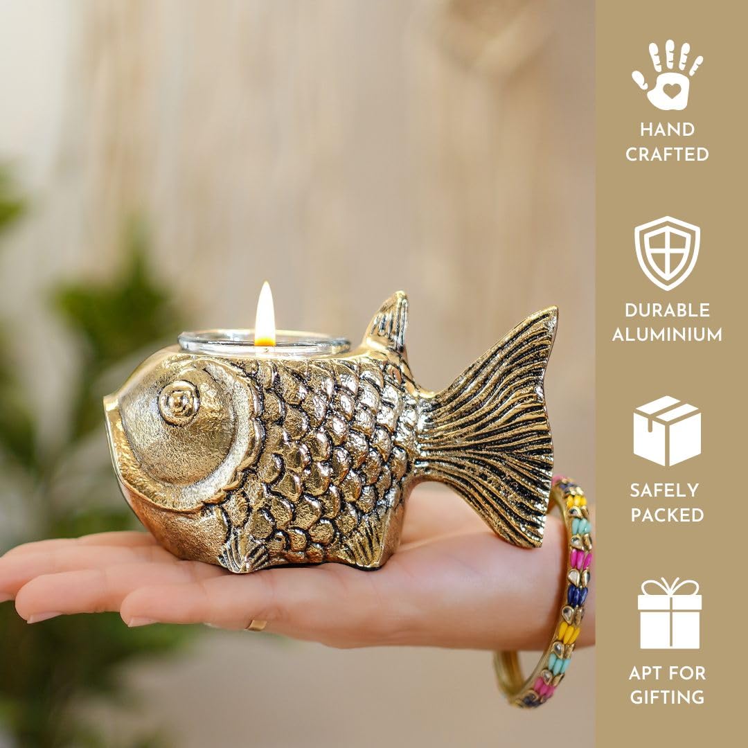 BEHOMA Aluminium Dancing Peacock Pair Figurine for Good Luck and Love | for Home Decor Tabletop Living Showpiece for Valentine's Day, Birthday(Scented Glass Votive Candle Included), Gold,18.5 Cm,11 Cm