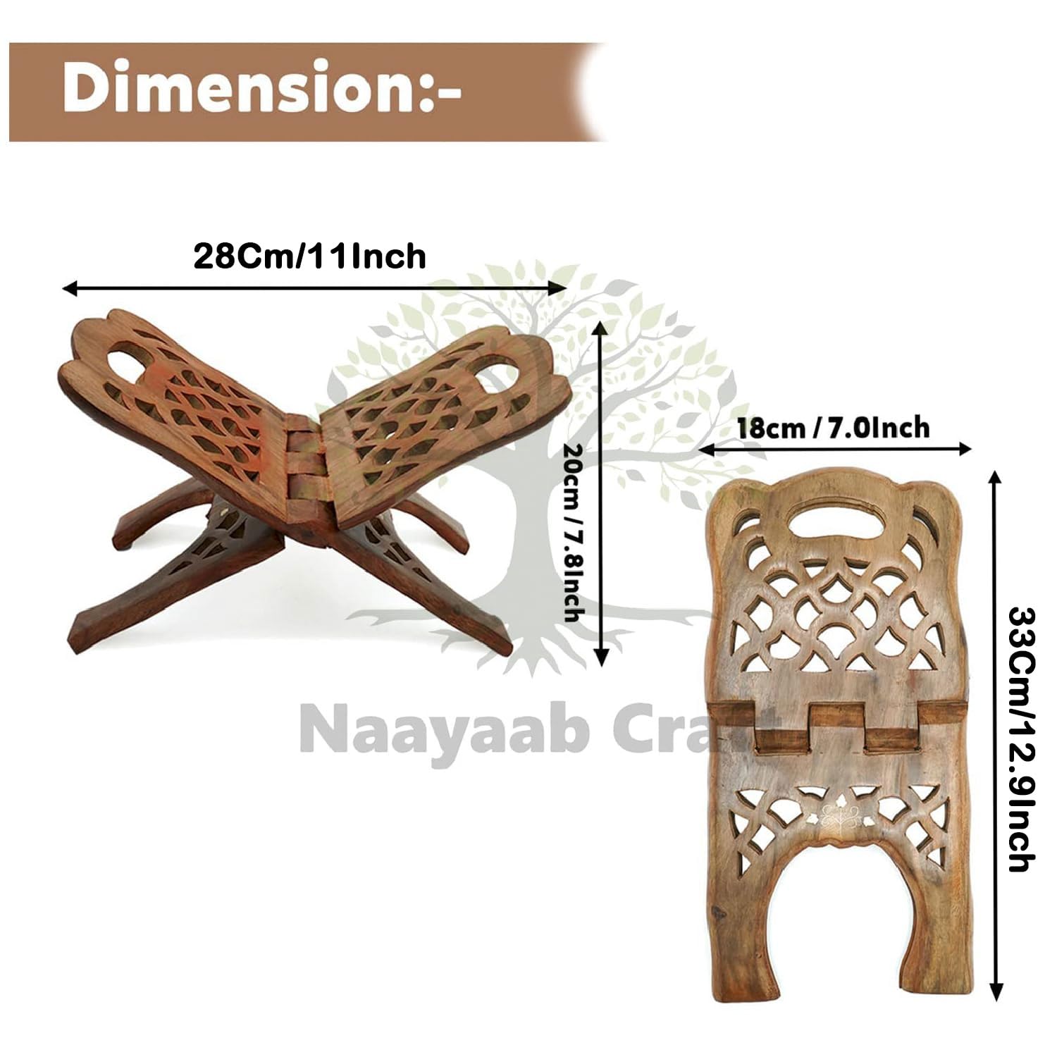 Naayaab Craft Handmade & Handcraft Sheesham Wooden Book Holder Display Stand Folding Religious Prayer Free Reading Stand with Intricate Carvings, Rehal for Religious Holy Books - Size (12 Inch)