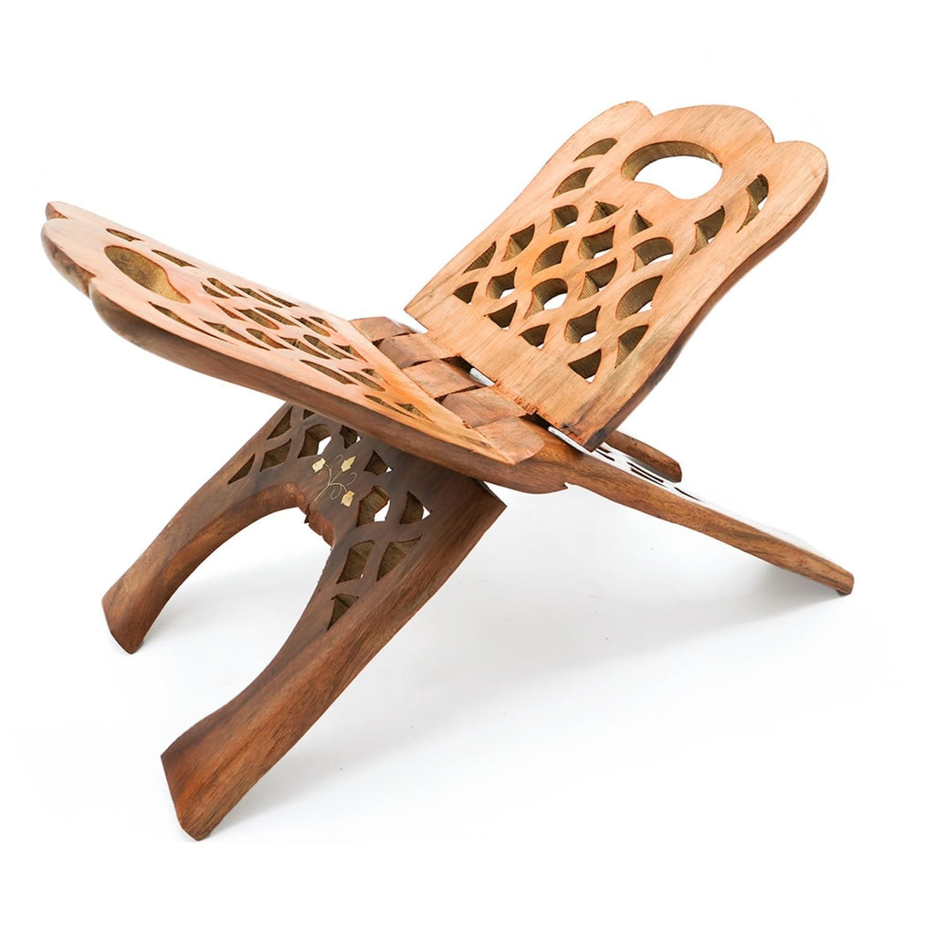 Naayaab Craft Handmade & Handcraft Sheesham Wooden Book Holder Display Stand Folding Religious Prayer Free Reading Stand with Intricate Carvings, Rehal for Religious Holy Books - Size (12 Inch)