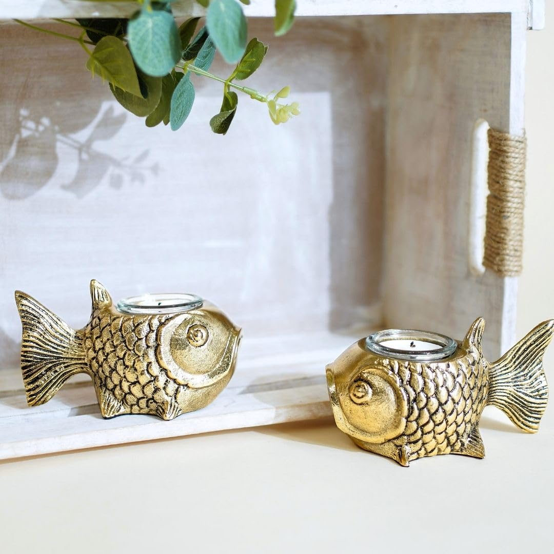 BEHOMA Aluminium Dancing Peacock Pair Figurine for Good Luck and Love | for Home Decor Tabletop Living Showpiece for Valentine's Day, Birthday(Scented Glass Votive Candle Included), Gold,18.5 Cm,11 Cm