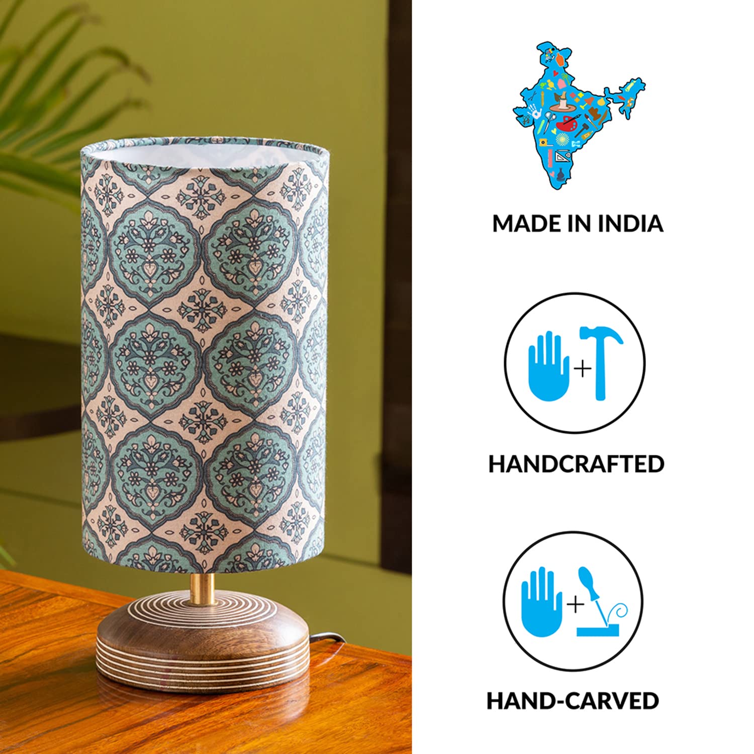 ExclusiveLane 'Paisely' Wooden Bedside LED Table Lamp Side Table Lamp for Bedroom&Living Room(14 Inch,Wood,Without Bulb,Pack of 1)|Table Lamps for Home Decoration Office Study Side Lamp