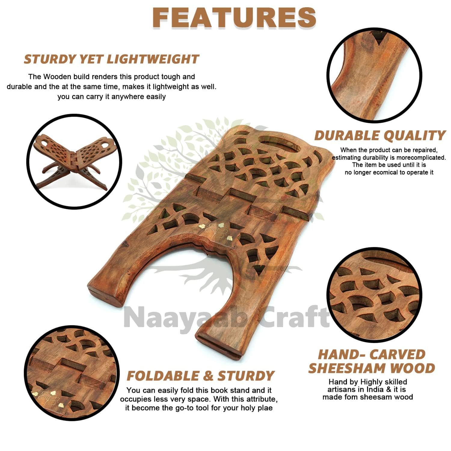 Naayaab Craft Handmade & Handcraft Sheesham Wooden Book Holder Display Stand Folding Religious Prayer Free Reading Stand with Intricate Carvings, Rehal for Religious Holy Books - Size (12 Inch)