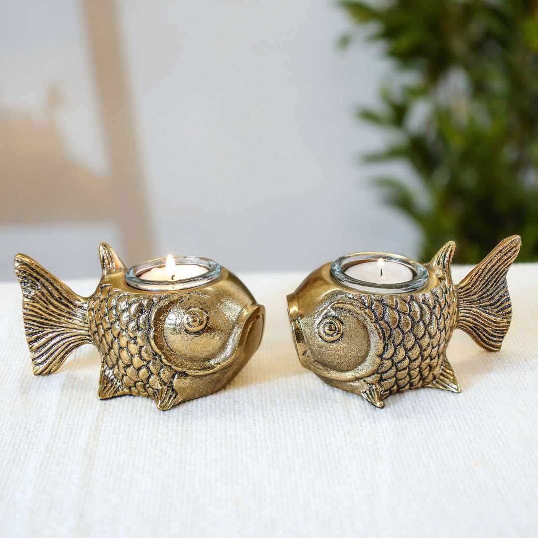 BEHOMA Aluminium Dancing Peacock Pair Figurine for Good Luck and Love | for Home Decor Tabletop Living Showpiece for Valentine's Day, Birthday(Scented Glass Votive Candle Included), Gold,18.5 Cm,11 Cm