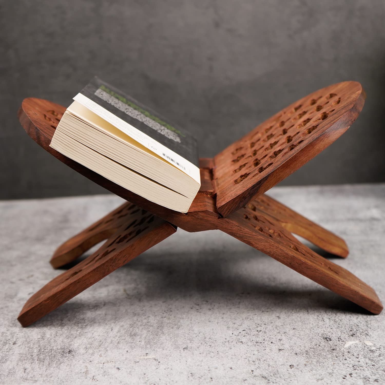 Naayaab Craft Handmade & Handcraft Sheesham Wooden Book Holder Display Stand Folding Religious Prayer Free Reading Stand with Intricate Carvings, Rehal for Religious Holy Books - Size (12 Inch)