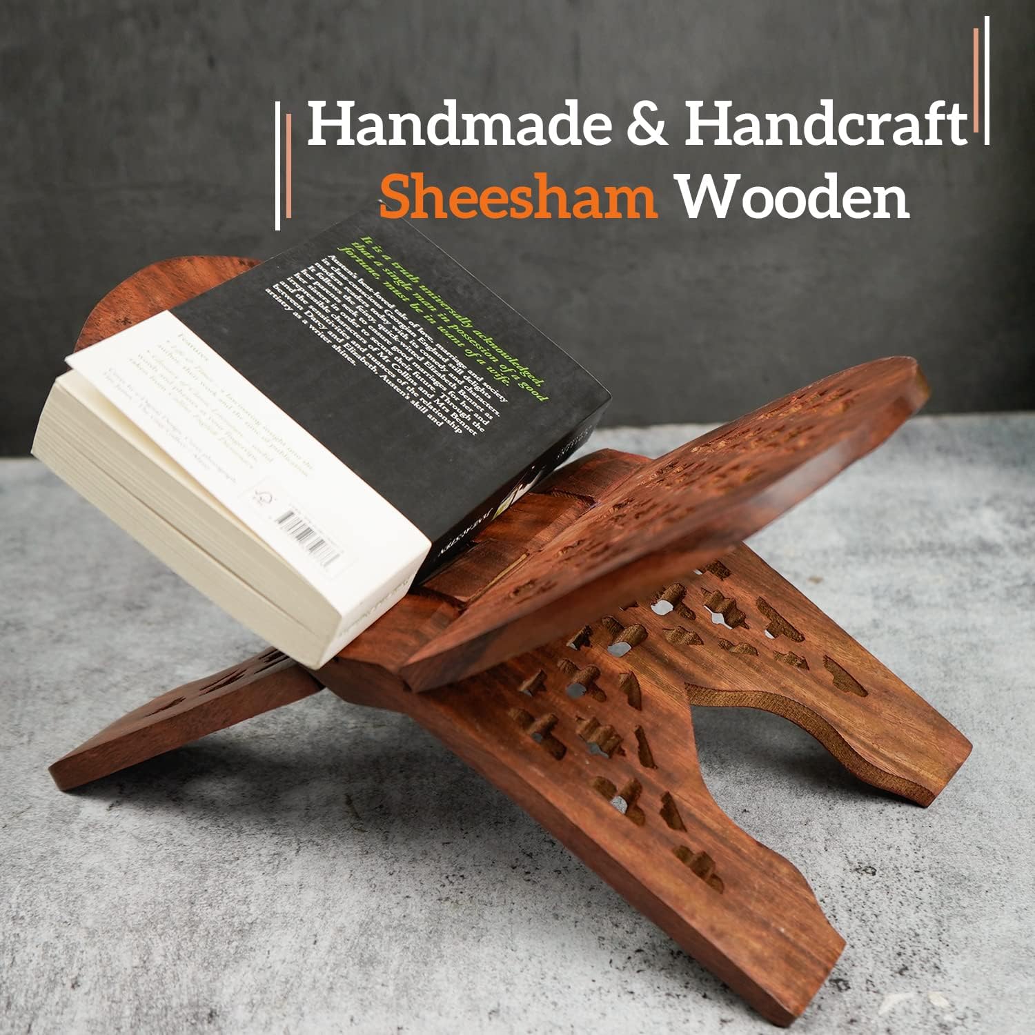 Naayaab Craft Handmade & Handcraft Sheesham Wooden Book Holder Display Stand Folding Religious Prayer Free Reading Stand with Intricate Carvings, Rehal for Religious Holy Books - Size (12 Inch)