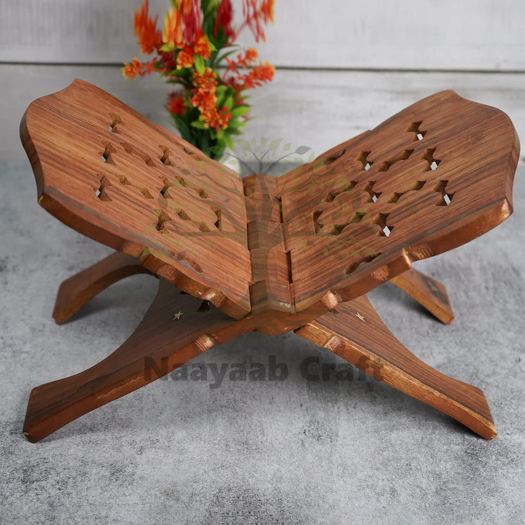 Naayaab Craft Handmade & Handcraft Sheesham Wooden Book Holder Display Stand Folding Religious Prayer Free Reading Stand with Intricate Carvings, Rehal for Religious Holy Books - Size (12 Inch)