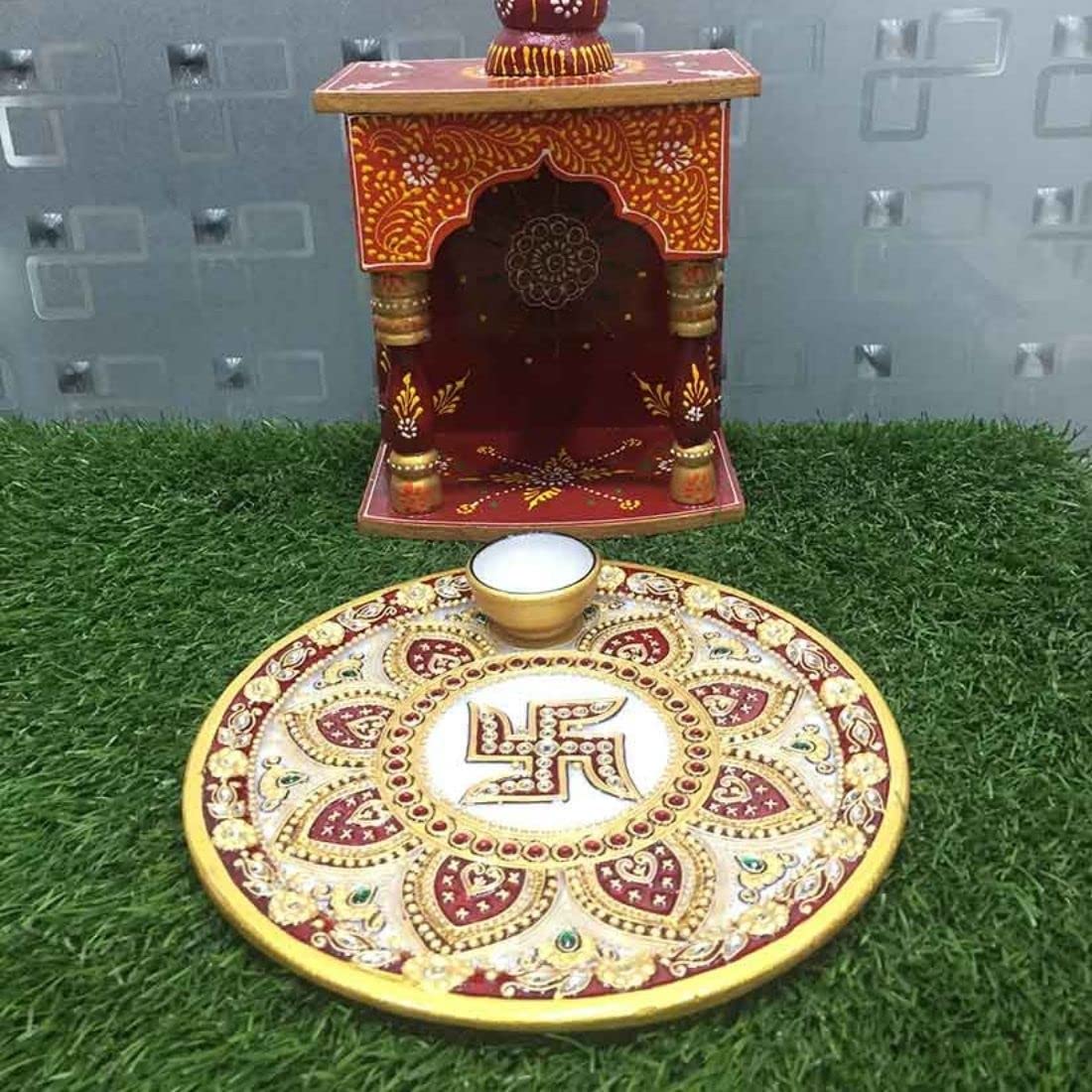Apka Mart The Online Shop Swastik Diya Pooja Thali Marble(Multicolor) 9 Inch for Home and Office Décor/Arti