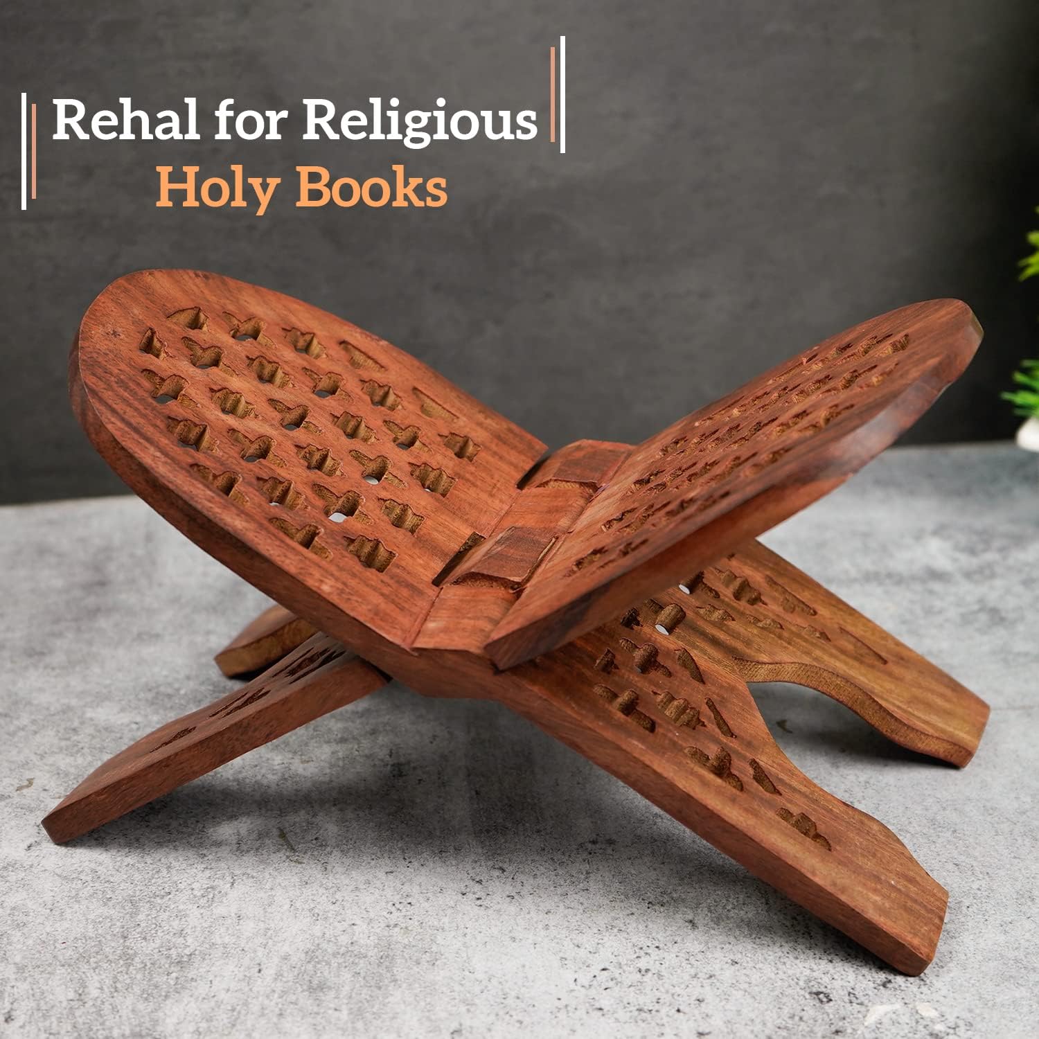 Naayaab Craft Handmade & Handcraft Sheesham Wooden Book Holder Display Stand Folding Religious Prayer Free Reading Stand with Intricate Carvings, Rehal for Religious Holy Books - Size (12 Inch)
