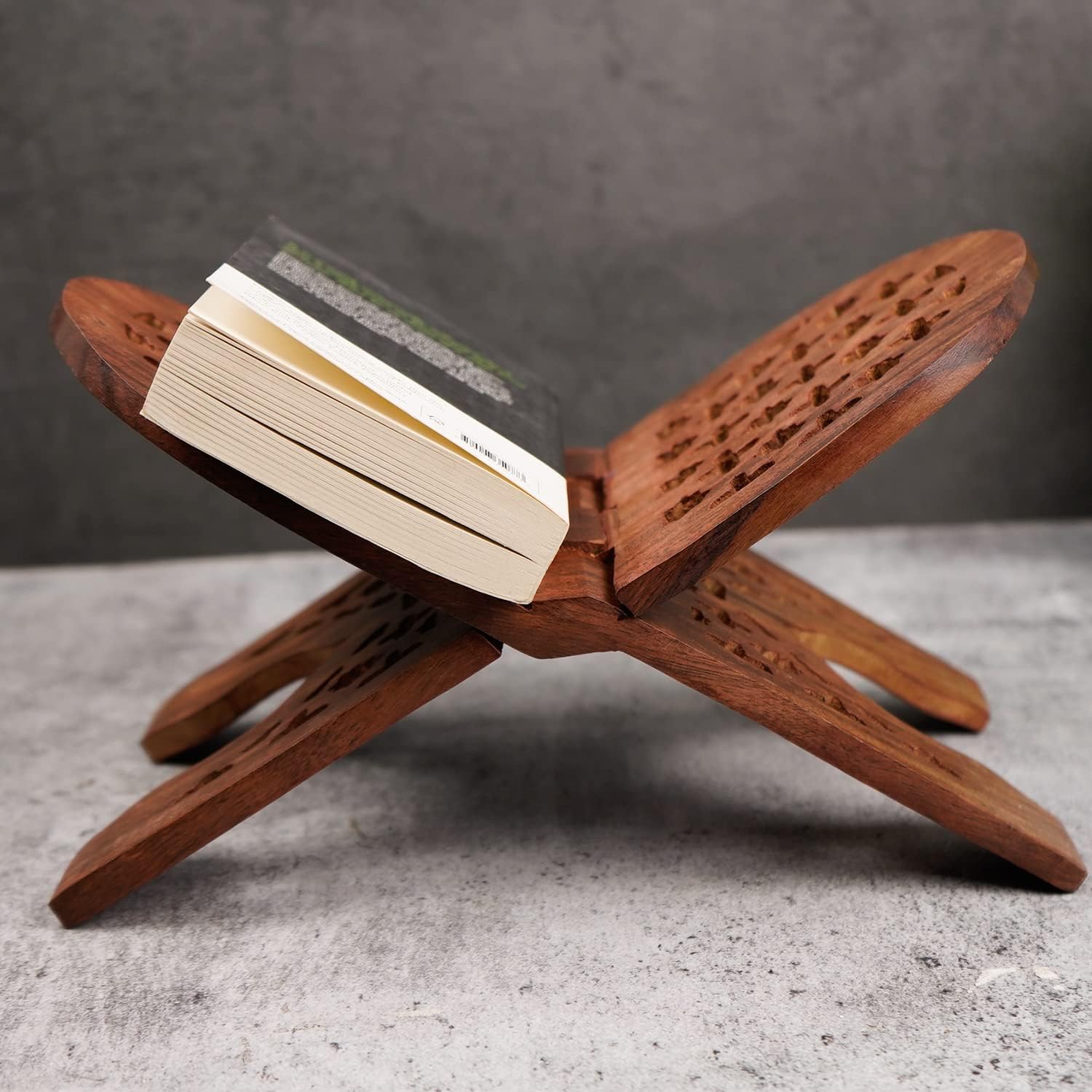 Naayaab Craft Handmade & Handcraft Sheesham Wooden Book Holder Display Stand Folding Religious Prayer Free Reading Stand with Intricate Carvings, Rehal for Religious Holy Books - Size (12 Inch)