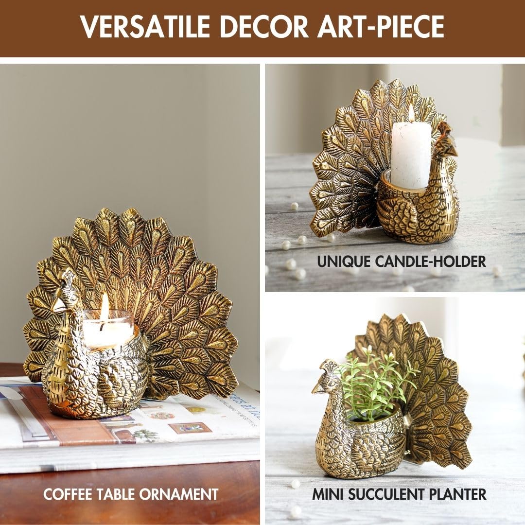 BEHOMA Aluminium Dancing Peacock Pair Figurine for Good Luck and Love | for Home Decor Tabletop Living Showpiece for Valentine's Day, Birthday(Scented Glass Votive Candle Included), Gold,18.5 Cm,11 Cm