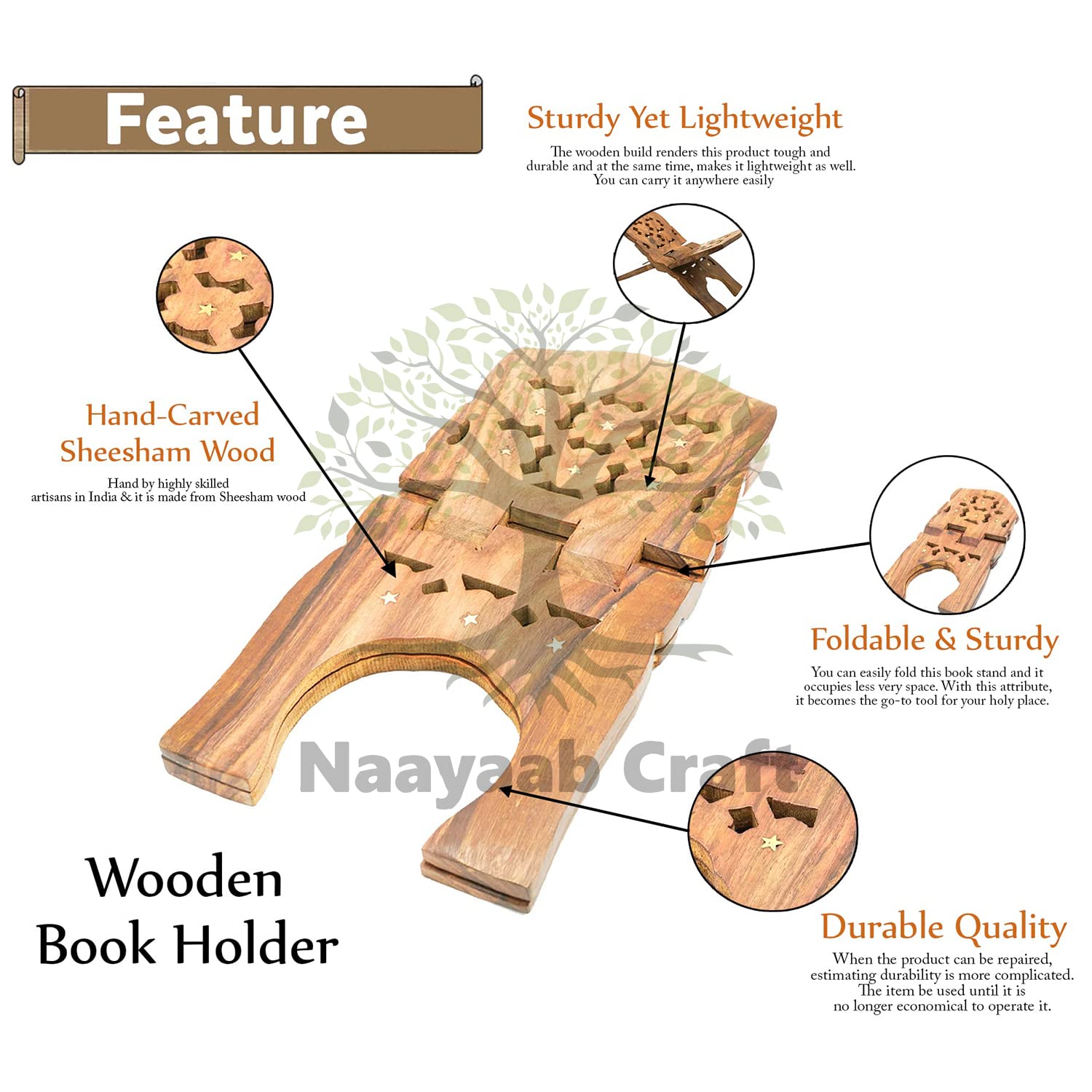 Naayaab Craft Handmade & Handcraft Sheesham Wooden Book Holder Display Stand Folding Religious Prayer Free Reading Stand with Intricate Carvings, Rehal for Religious Holy Books - Size (12 Inch)
