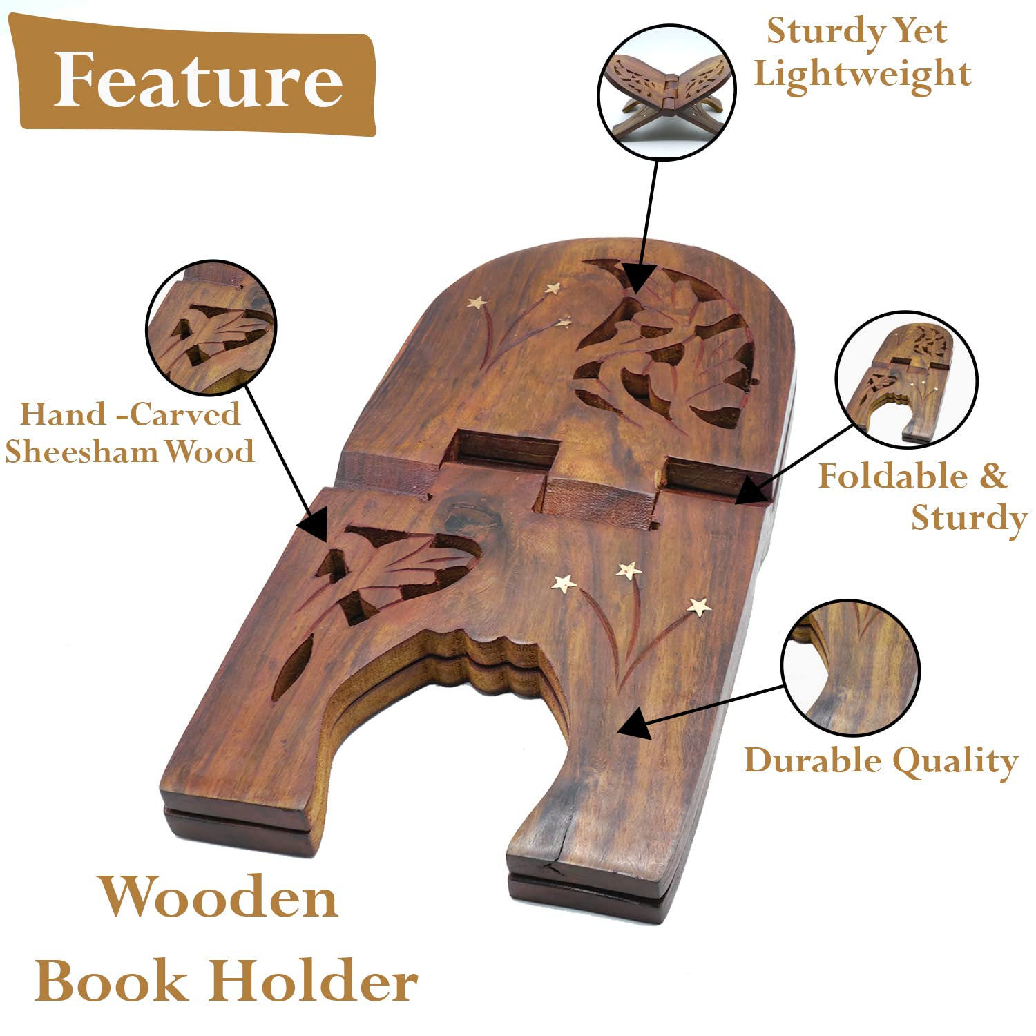 Naayaab Craft Handmade & Handcraft Sheesham Wooden Book Holder Display Stand Folding Religious Prayer Free Reading Stand with Intricate Carvings, Rehal for Religious Holy Books - Size (12 Inch)
