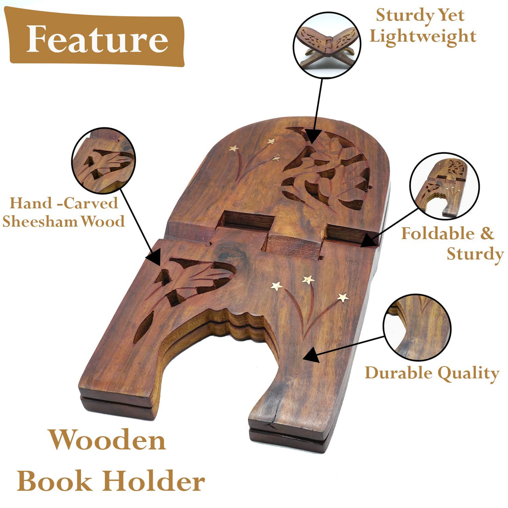 Naayaab Craft Handmade & Handcraft Sheesham Wooden Book Holder Display Stand Folding Religious Prayer Free Reading Stand with Intricate Carvings, Rehal for Religious Holy Books - Size (12 Inch)