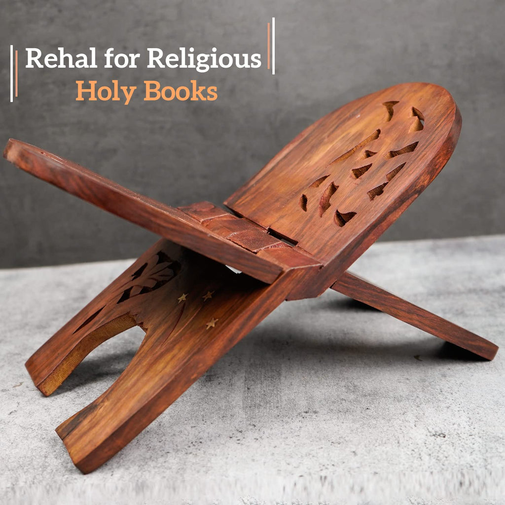 Naayaab Craft Handmade & Handcraft Sheesham Wooden Book Holder Display Stand Folding Religious Prayer Free Reading Stand with Intricate Carvings, Rehal for Religious Holy Books - Size (12 Inch)