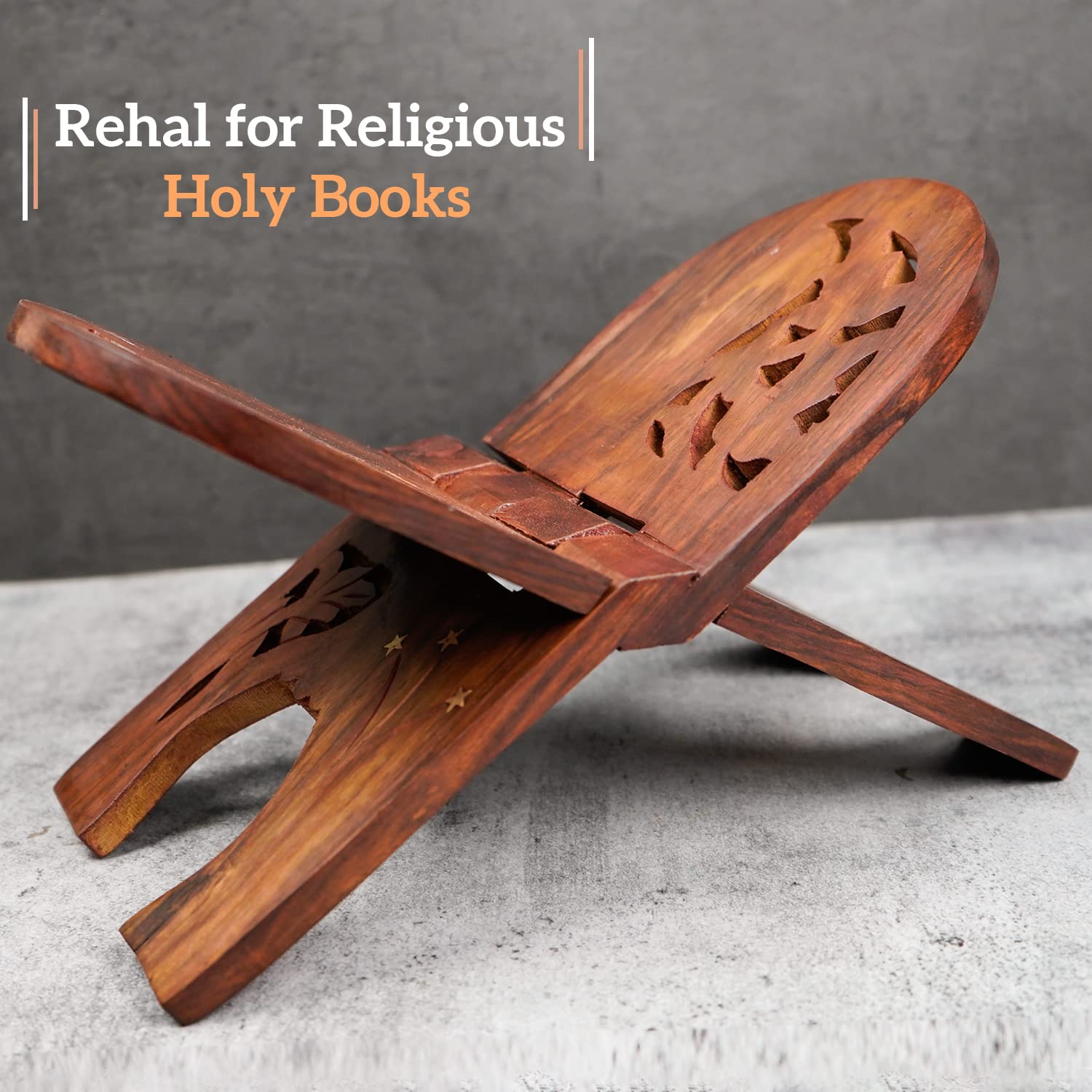 Naayaab Craft Handmade & Handcraft Sheesham Wooden Book Holder Display Stand Folding Religious Prayer Free Reading Stand with Intricate Carvings, Rehal for Religious Holy Books - Size (12 Inch)