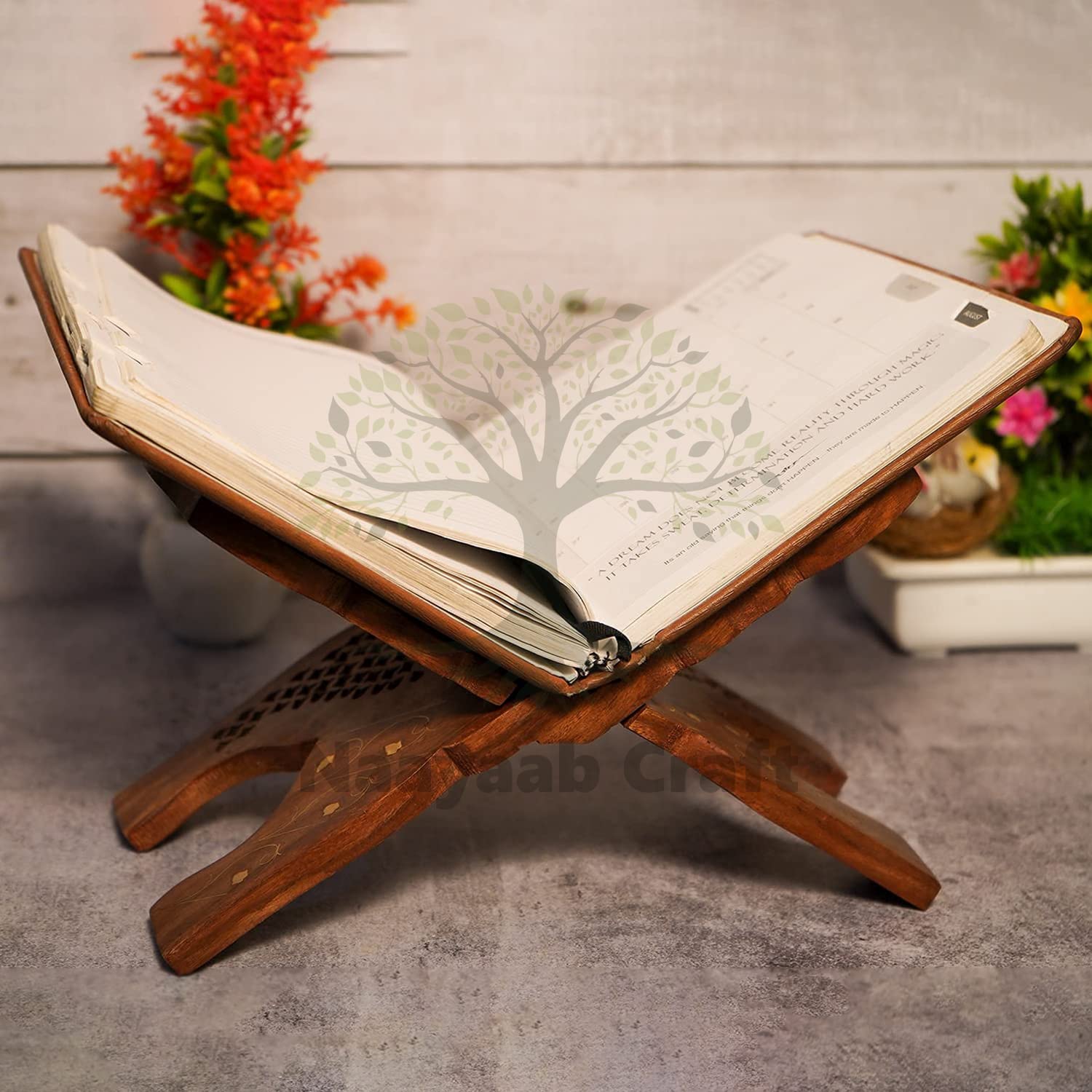 Naayaab Craft Handmade & Handcraft Sheesham Wooden Book Holder Display Stand Folding Religious Prayer Free Reading Stand with Intricate Carvings, Rehal for Religious Holy Books - Size (12 Inch)