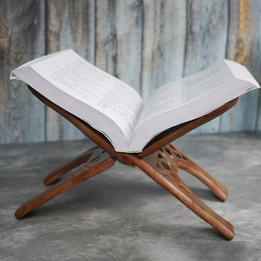 Naayaab Craft Handmade & Handcraft Sheesham Wooden Book Holder Display Stand Folding Religious Prayer Free Reading Stand with Intricate Carvings, Rehal for Religious Holy Books - Size (12 Inch)