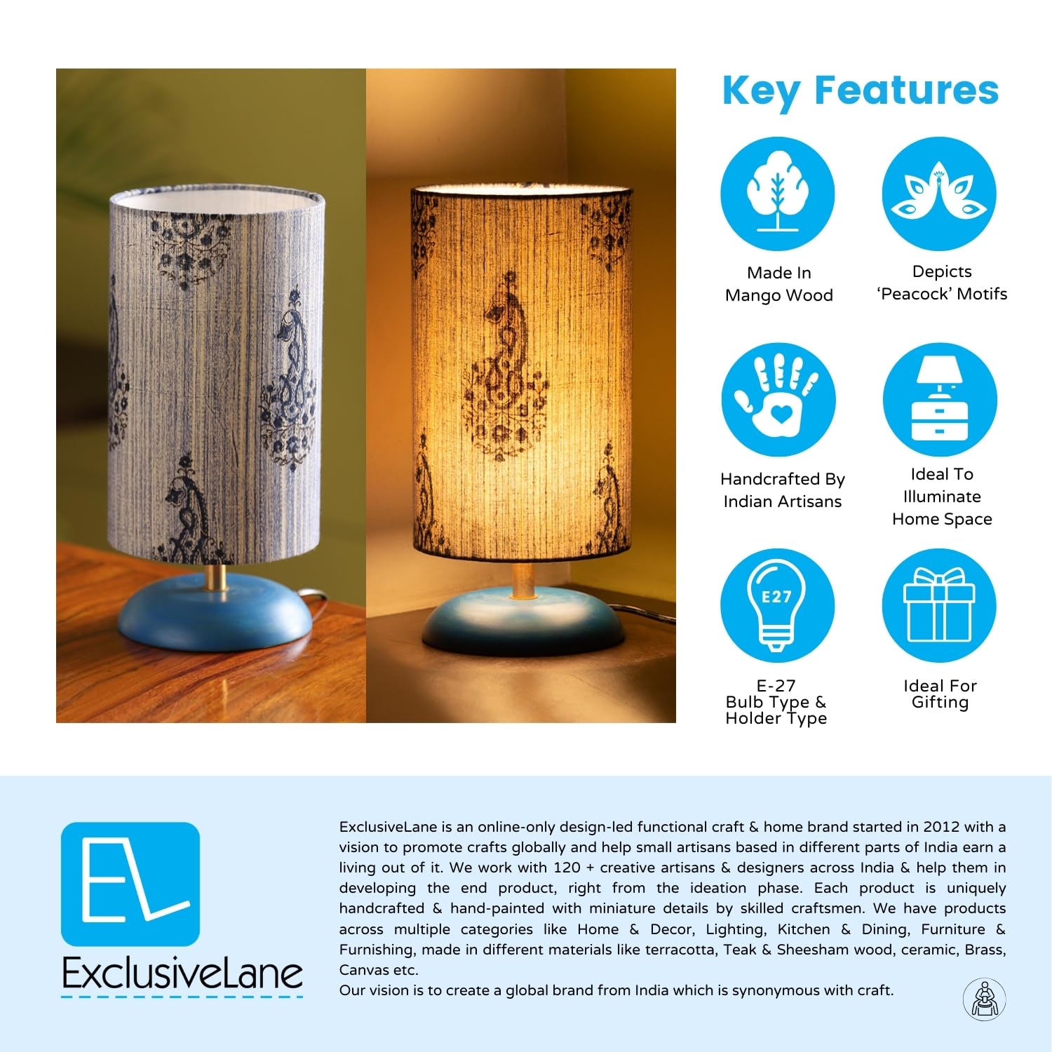 ExclusiveLane 'Paisely' Wooden Bedside LED Table Lamp Side Table Lamp for Bedroom&Living Room(14 Inch,Wood,Without Bulb,Pack of 1)|Table Lamps for Home Decoration Office Study Side Lamp