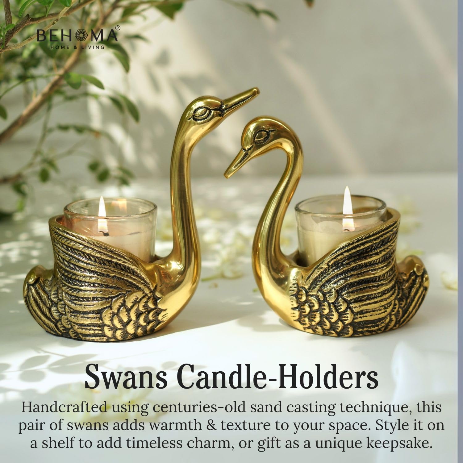 BEHOMA Aluminium Dancing Peacock Pair Figurine for Good Luck and Love | for Home Decor Tabletop Living Showpiece for Valentine's Day, Birthday(Scented Glass Votive Candle Included), Gold,18.5 Cm,11 Cm