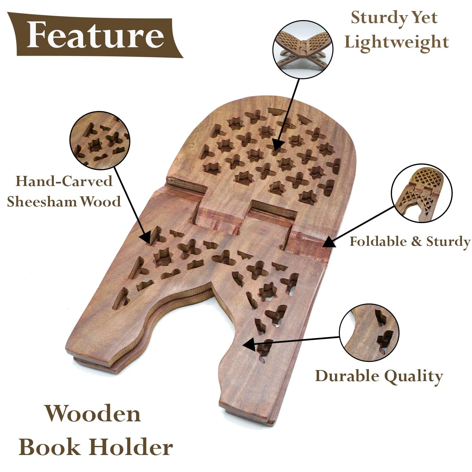 Naayaab Craft Handmade & Handcraft Sheesham Wooden Book Holder Display Stand Folding Religious Prayer Free Reading Stand with Intricate Carvings, Rehal for Religious Holy Books - Size (12 Inch)