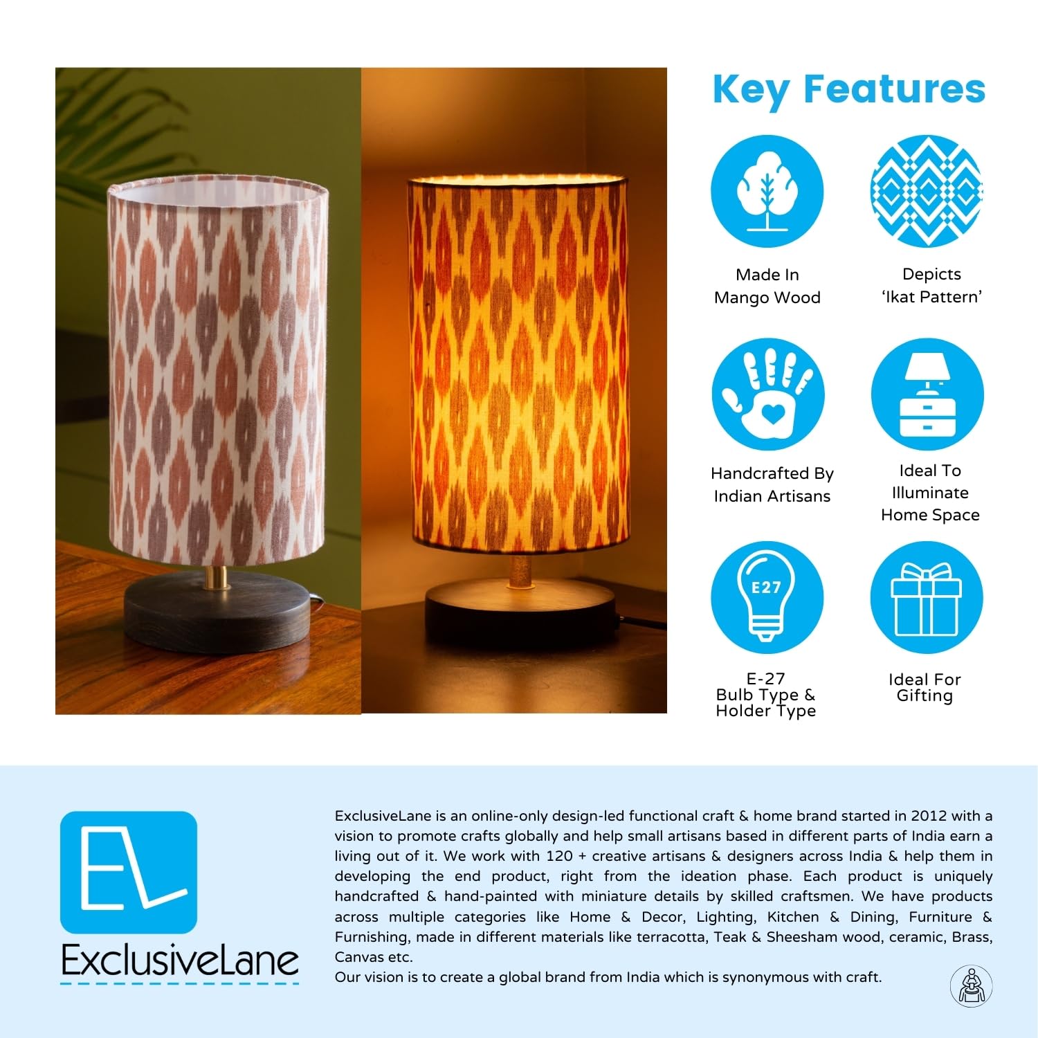ExclusiveLane 'Paisely' Wooden Bedside LED Table Lamp Side Table Lamp for Bedroom&Living Room(14 Inch,Wood,Without Bulb,Pack of 1)|Table Lamps for Home Decoration Office Study Side Lamp