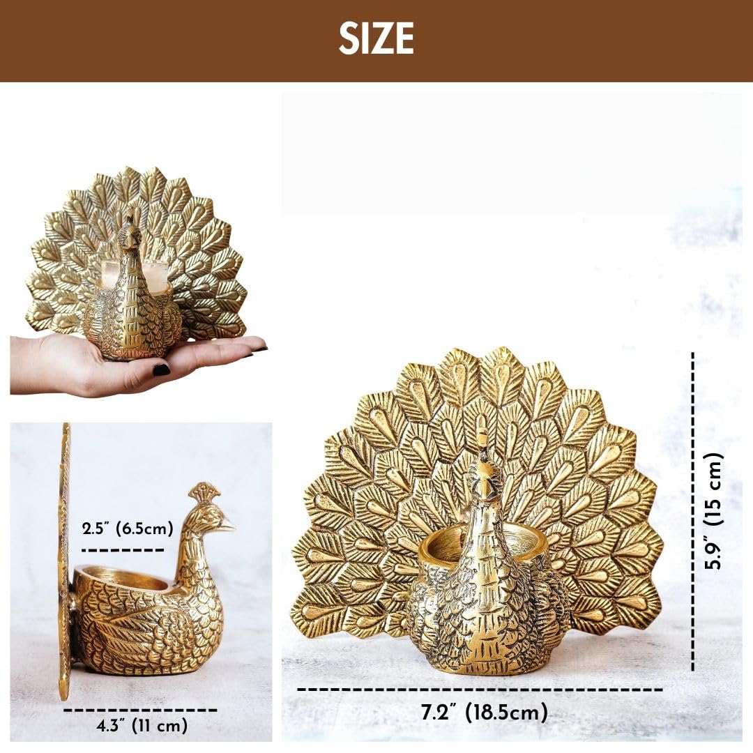 BEHOMA Aluminium Dancing Peacock Pair Figurine for Good Luck and Love | for Home Decor Tabletop Living Showpiece for Valentine's Day, Birthday(Scented Glass Votive Candle Included), Gold,18.5 Cm,11 Cm