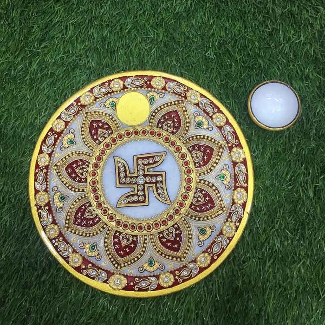 Apka Mart The Online Shop Swastik Diya Pooja Thali Marble(Multicolor) 9 Inch for Home and Office Décor/Arti