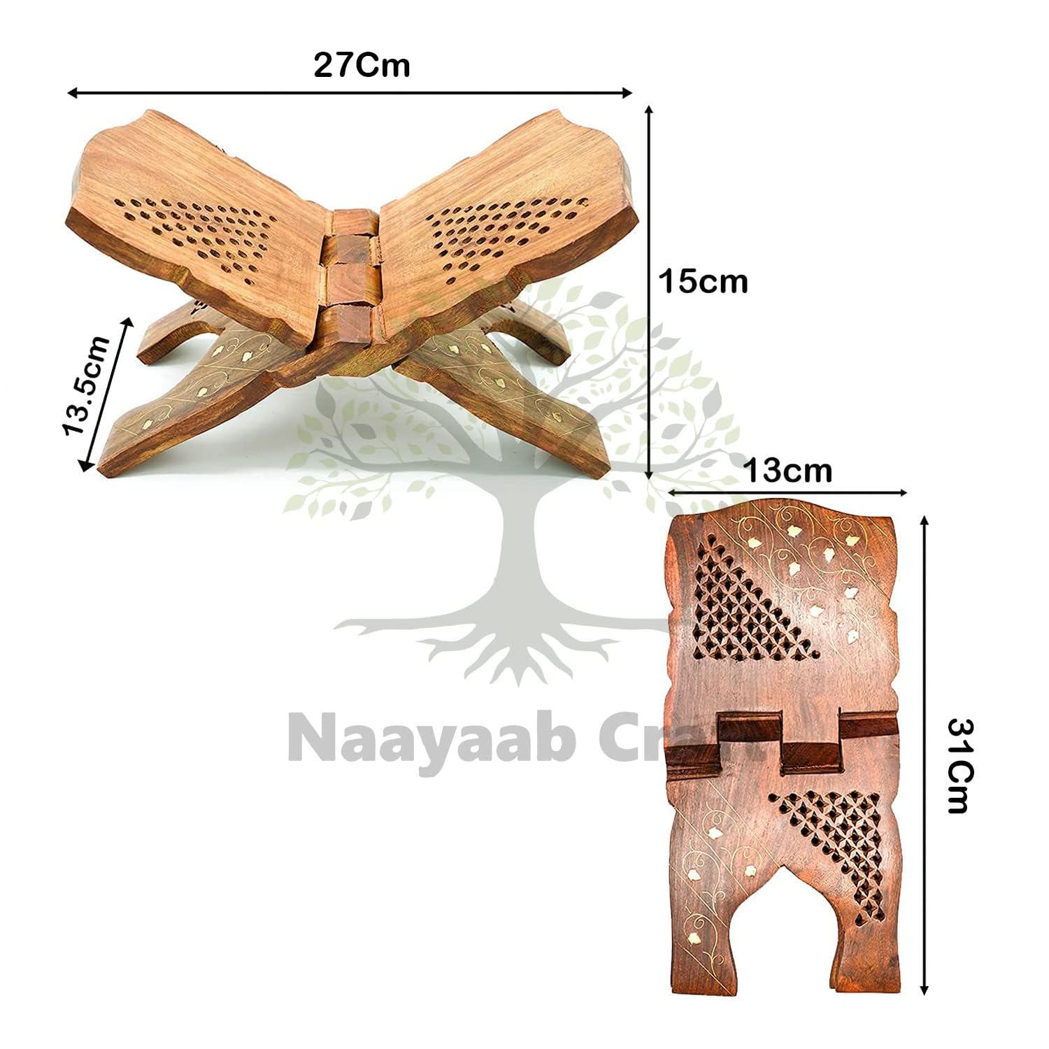 Naayaab Craft Handmade & Handcraft Sheesham Wooden Book Holder Display Stand Folding Religious Prayer Free Reading Stand with Intricate Carvings, Rehal for Religious Holy Books - Size (12 Inch)