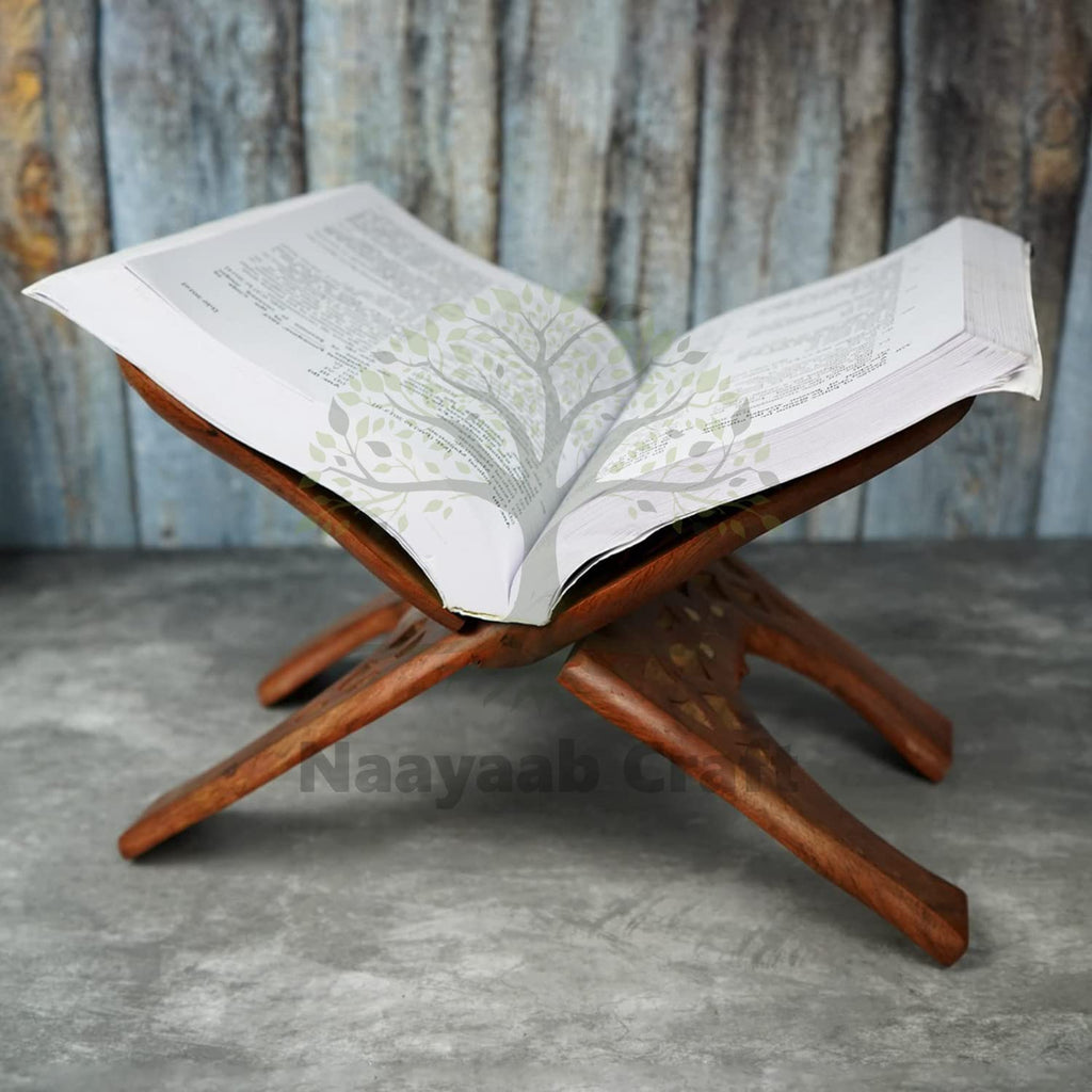 Naayaab Craft Handmade & Handcraft Sheesham Wooden Book Holder Display Stand Folding Religious Prayer Free Reading Stand with Intricate Carvings, Rehal for Religious Holy Books - Size (12 Inch)