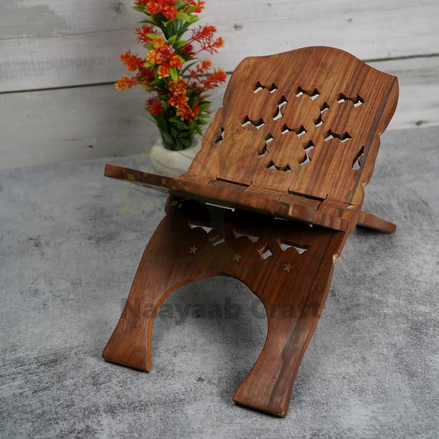 Naayaab Craft Handmade & Handcraft Sheesham Wooden Book Holder Display Stand Folding Religious Prayer Free Reading Stand with Intricate Carvings, Rehal for Religious Holy Books - Size (12 Inch)