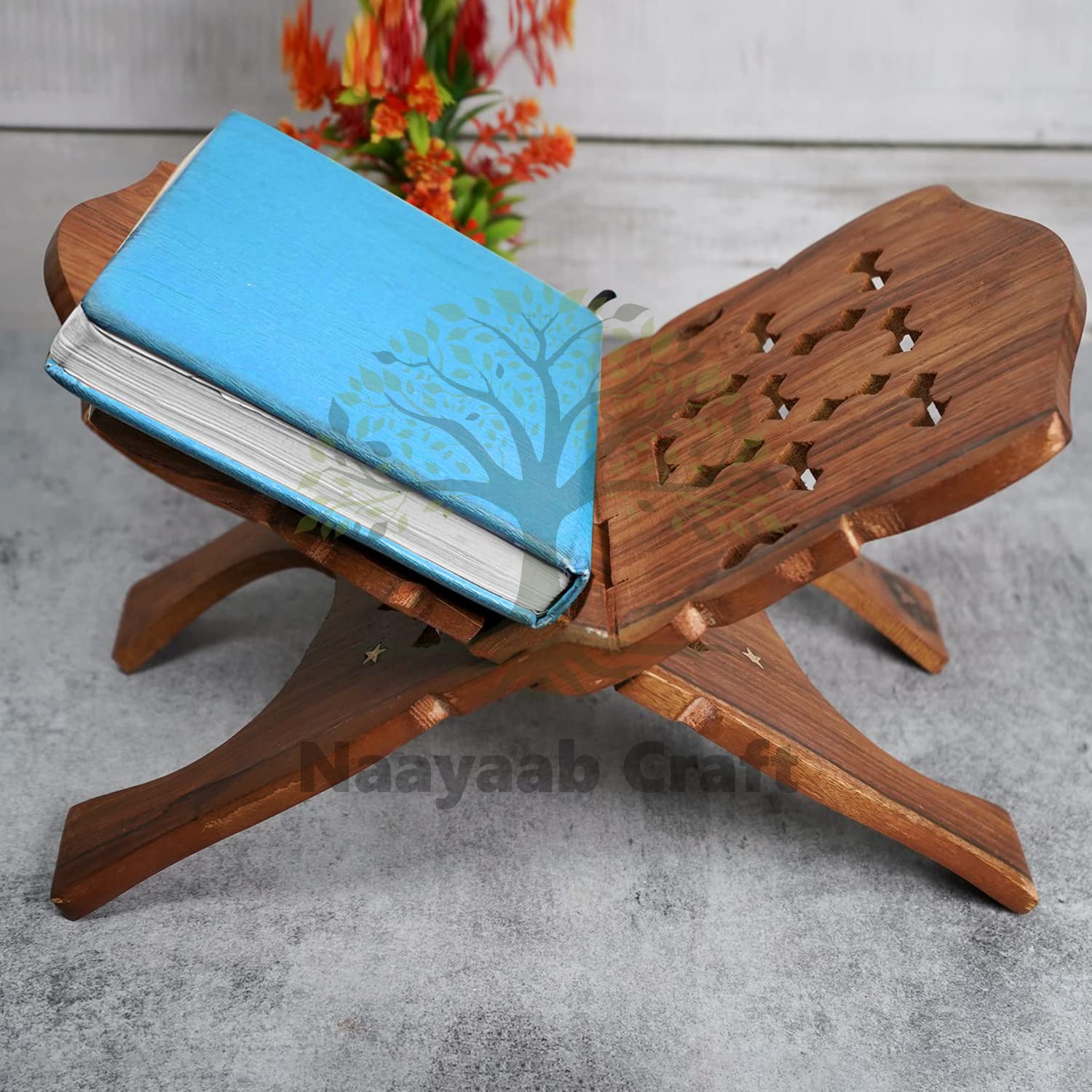 Naayaab Craft Handmade & Handcraft Sheesham Wooden Book Holder Display Stand Folding Religious Prayer Free Reading Stand with Intricate Carvings, Rehal for Religious Holy Books - Size (12 Inch)