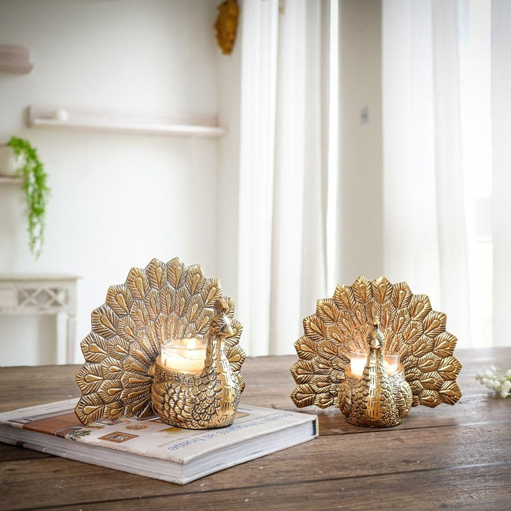 BEHOMA Aluminium Dancing Peacock Pair Figurine for Good Luck and Love | for Home Decor Tabletop Living Showpiece for Valentine's Day, Birthday(Scented Glass Votive Candle Included), Gold,18.5 Cm,11 Cm