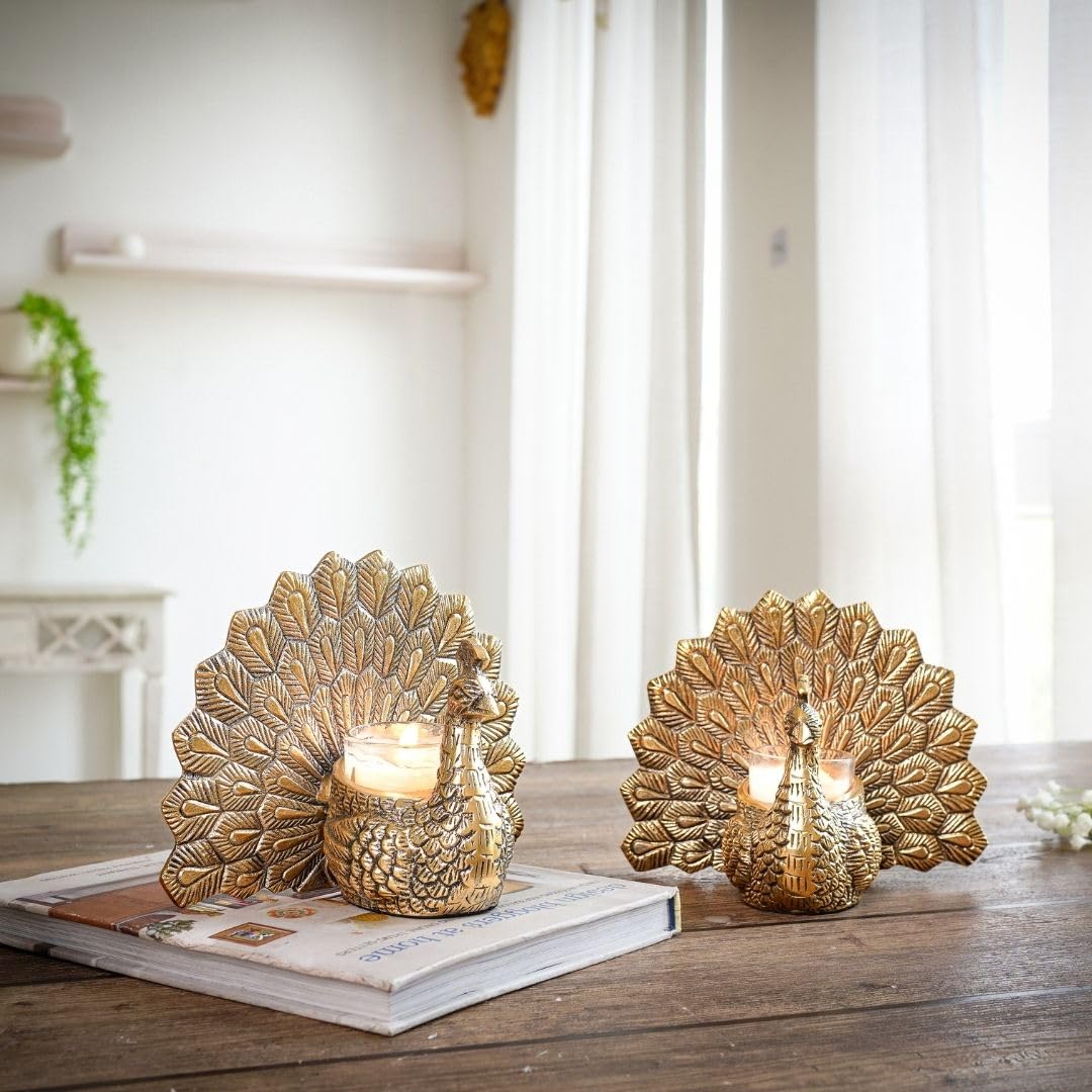 BEHOMA Aluminium Dancing Peacock Pair Figurine for Good Luck and Love | for Home Decor Tabletop Living Showpiece for Valentine's Day, Birthday(Scented Glass Votive Candle Included), Gold,18.5 Cm,11 Cm