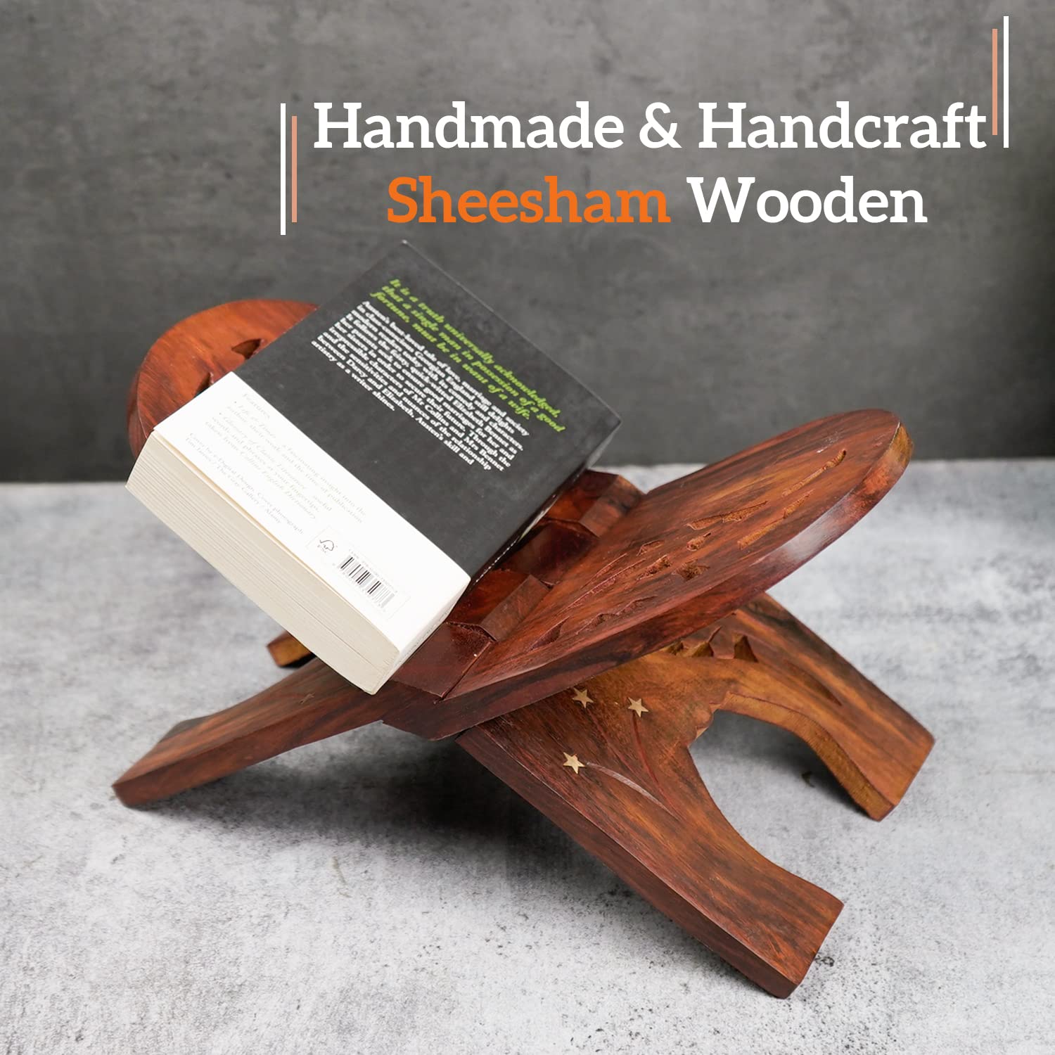 Naayaab Craft Handmade & Handcraft Sheesham Wooden Book Holder Display Stand Folding Religious Prayer Free Reading Stand with Intricate Carvings, Rehal for Religious Holy Books - Size (12 Inch)
