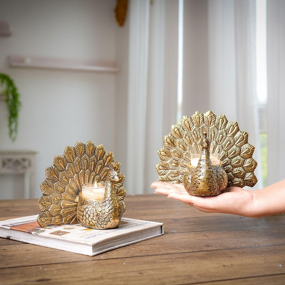 BEHOMA Aluminium Dancing Peacock Pair Figurine for Good Luck and Love | for Home Decor Tabletop Living Showpiece for Valentine's Day, Birthday(Scented Glass Votive Candle Included), Gold,18.5 Cm,11 Cm