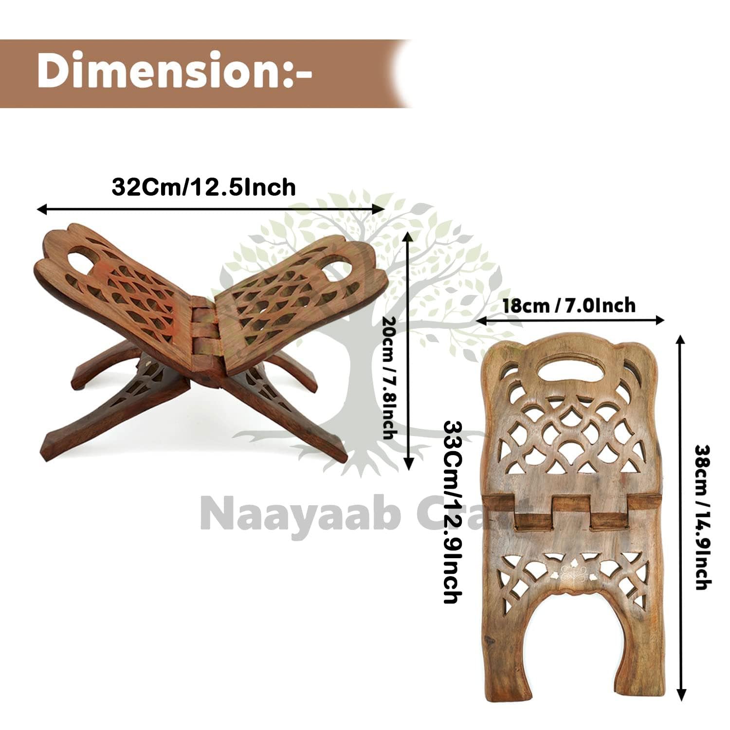 Naayaab Craft Handmade & Handcraft Sheesham Wooden Book Holder Display Stand Folding Religious Prayer Free Reading Stand with Intricate Carvings, Rehal for Religious Holy Books - Size (12 Inch)