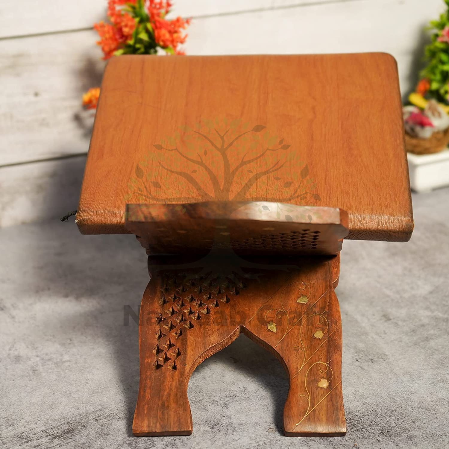 Naayaab Craft Handmade & Handcraft Sheesham Wooden Book Holder Display Stand Folding Religious Prayer Free Reading Stand with Intricate Carvings, Rehal for Religious Holy Books - Size (12 Inch)