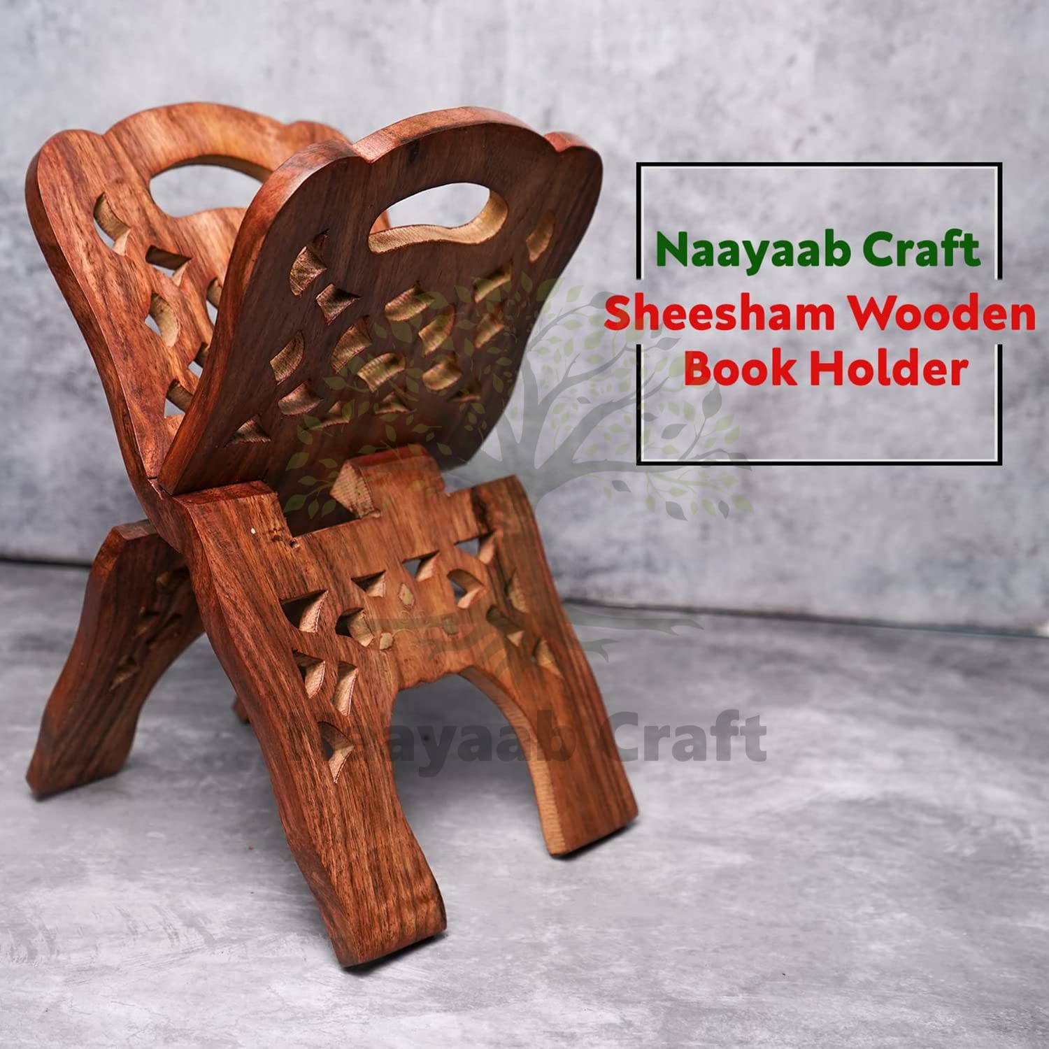 Naayaab Craft Handmade & Handcraft Sheesham Wooden Book Holder Display Stand Folding Religious Prayer Free Reading Stand with Intricate Carvings, Rehal for Religious Holy Books - Size (12 Inch)