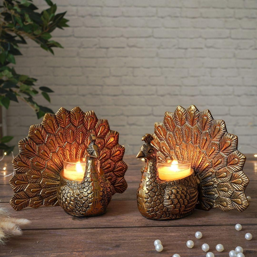 BEHOMA Aluminium Dancing Peacock Pair Figurine for Good Luck and Love | for Home Decor Tabletop Living Showpiece for Valentine's Day, Birthday(Scented Glass Votive Candle Included), Gold,18.5 Cm,11 Cm