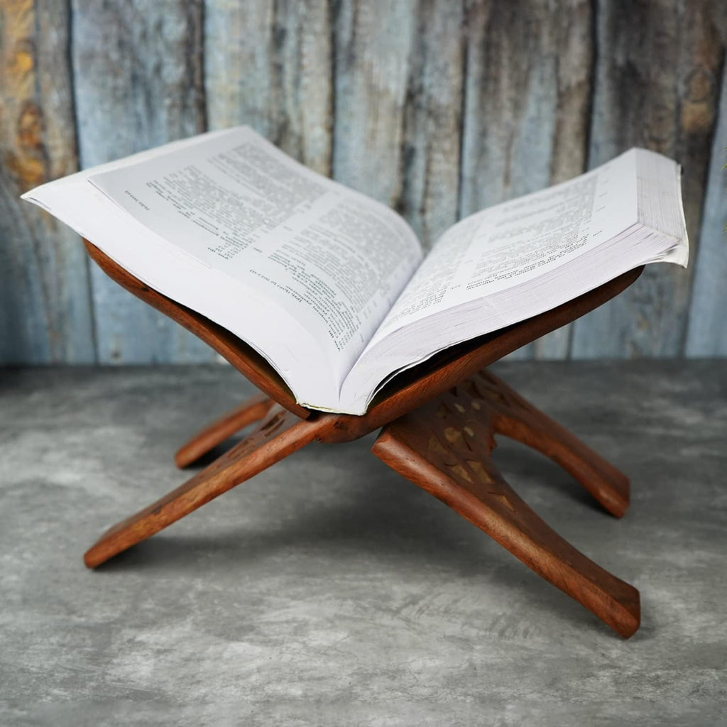 Naayaab Craft Handmade & Handcraft Sheesham Wooden Book Holder Display Stand Folding Religious Prayer Free Reading Stand with Intricate Carvings, Rehal for Religious Holy Books - Size (12 Inch)