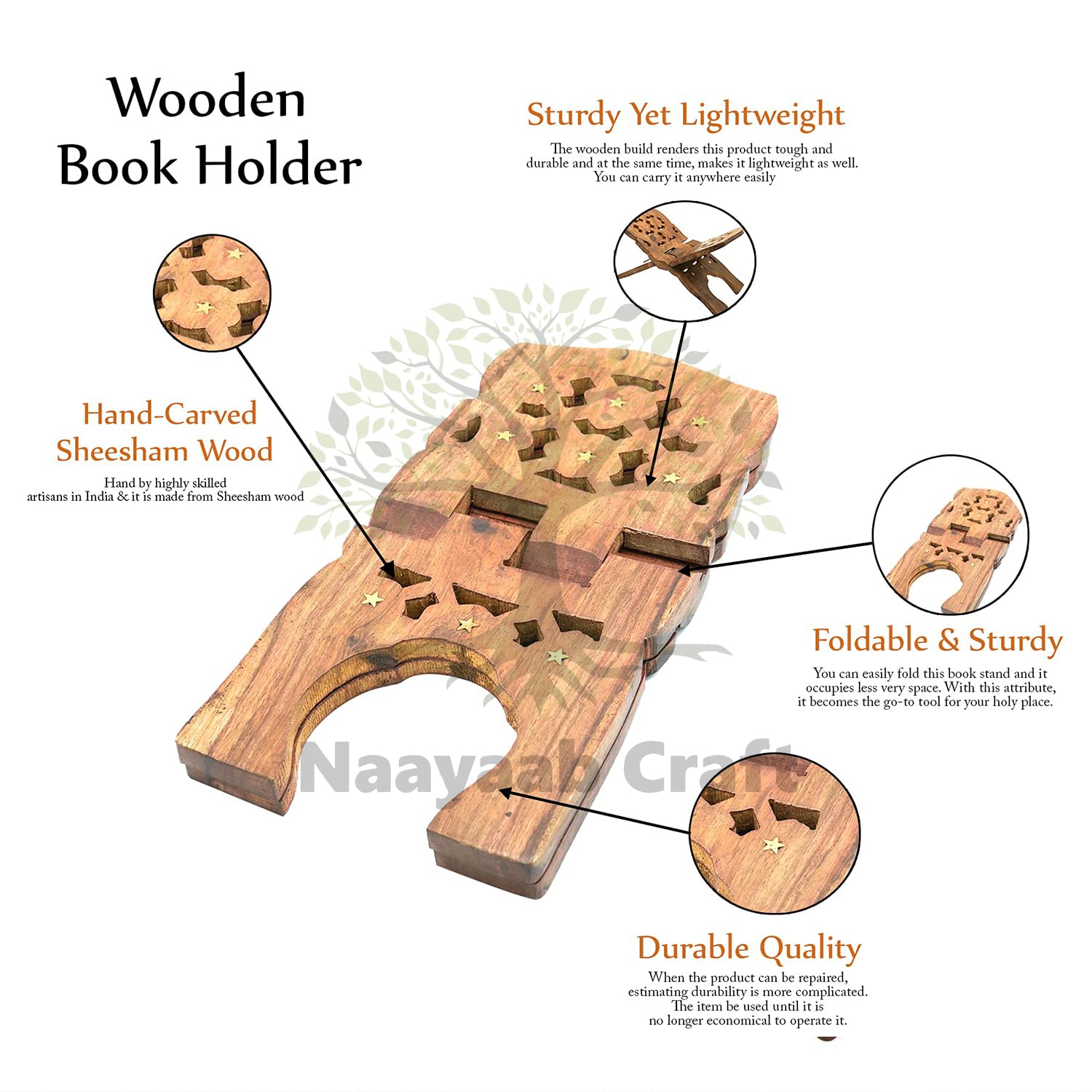 Naayaab Craft Handmade & Handcraft Sheesham Wooden Book Holder Display Stand Folding Religious Prayer Free Reading Stand with Intricate Carvings, Rehal for Religious Holy Books - Size (12 Inch)