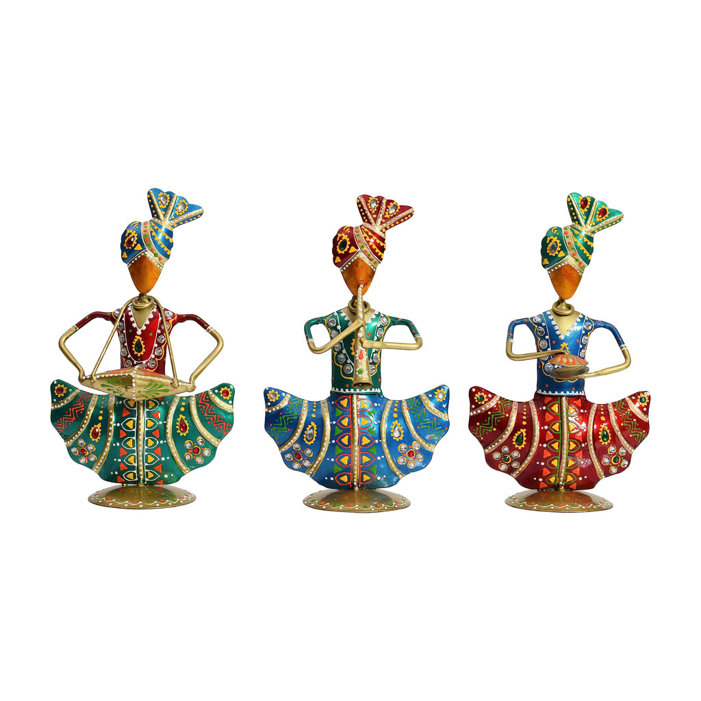 Lamcy Plaza Metal Rajasthani Kalbelia Tea Light Doll - 14 Inch (Set of 4) | Multicolour Antique Decorative Candle Holder for Home Decor, Living Room, Bedroom
