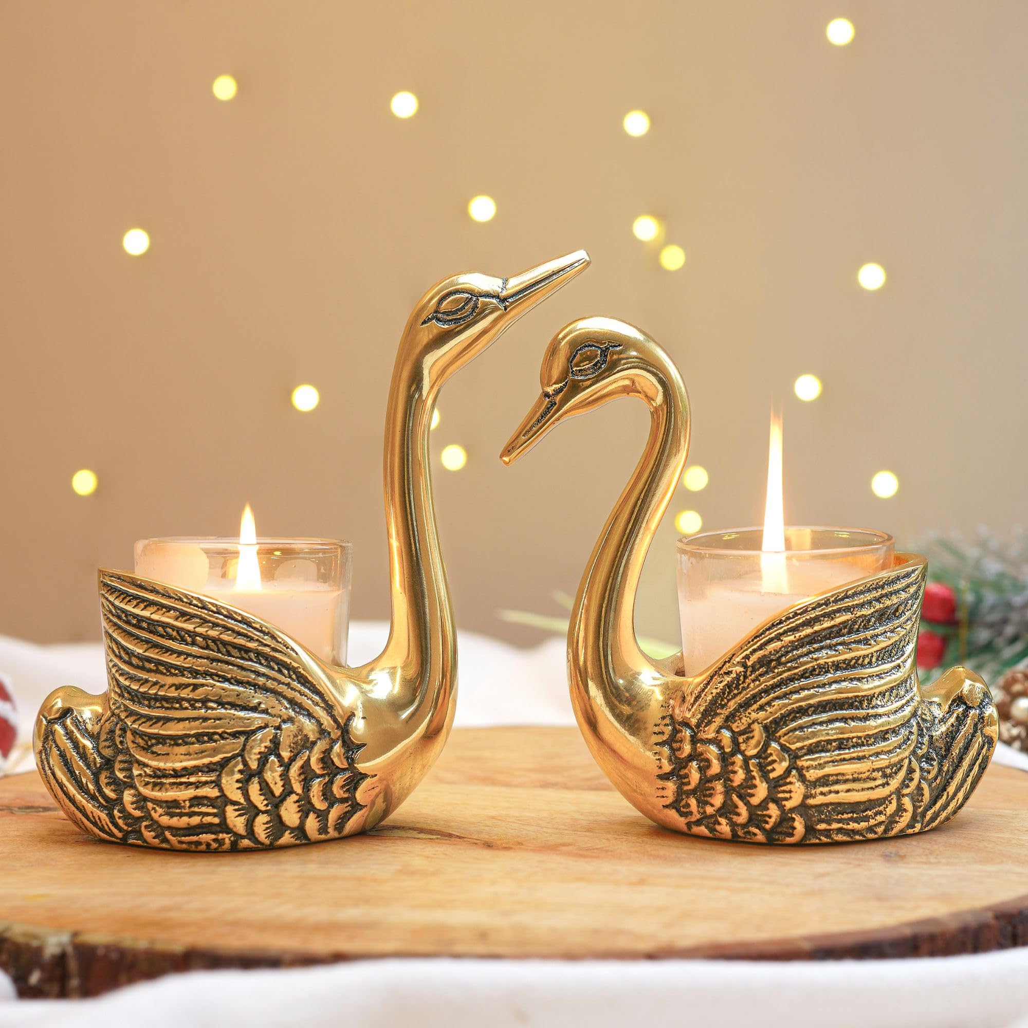 BEHOMA Aluminium Dancing Peacock Pair Figurine for Good Luck and Love | for Home Decor Tabletop Living Showpiece for Valentine's Day, Birthday(Scented Glass Votive Candle Included), Gold,18.5 Cm,11 Cm